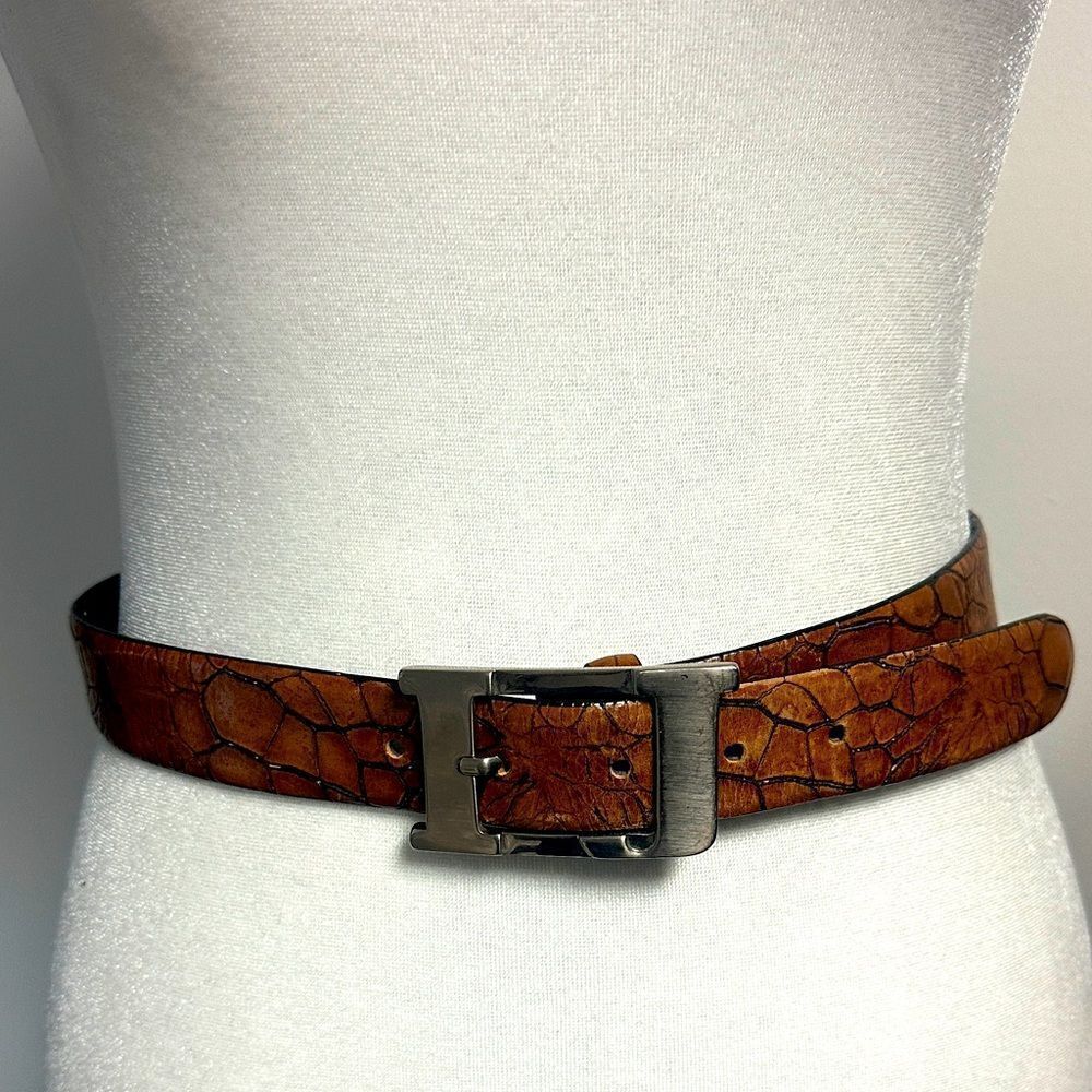 Vintage Iceberg Jeans Brown Leather Croc Embossed Belt Size 42 Italian